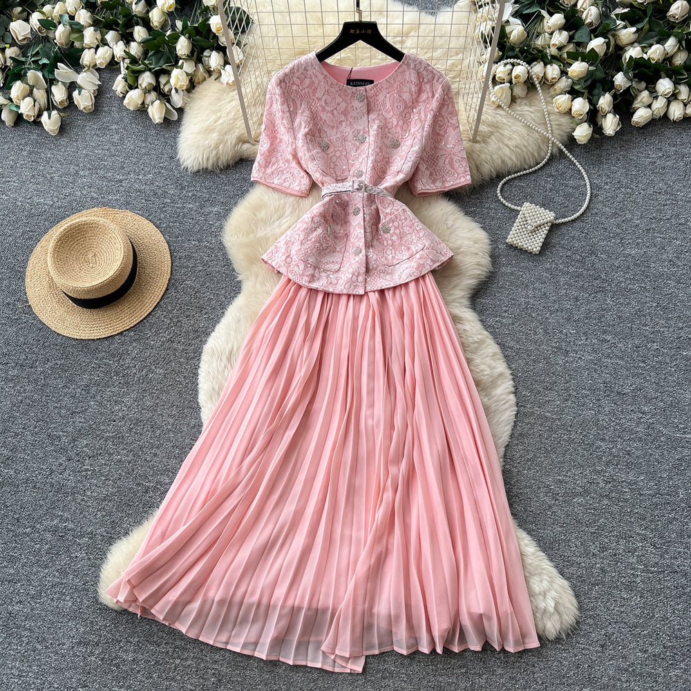 Xiaoxiangfengsequin short-sleeved sequinpleated dress women's summerclassy waist slimming lookpleated long skirtwork clothing