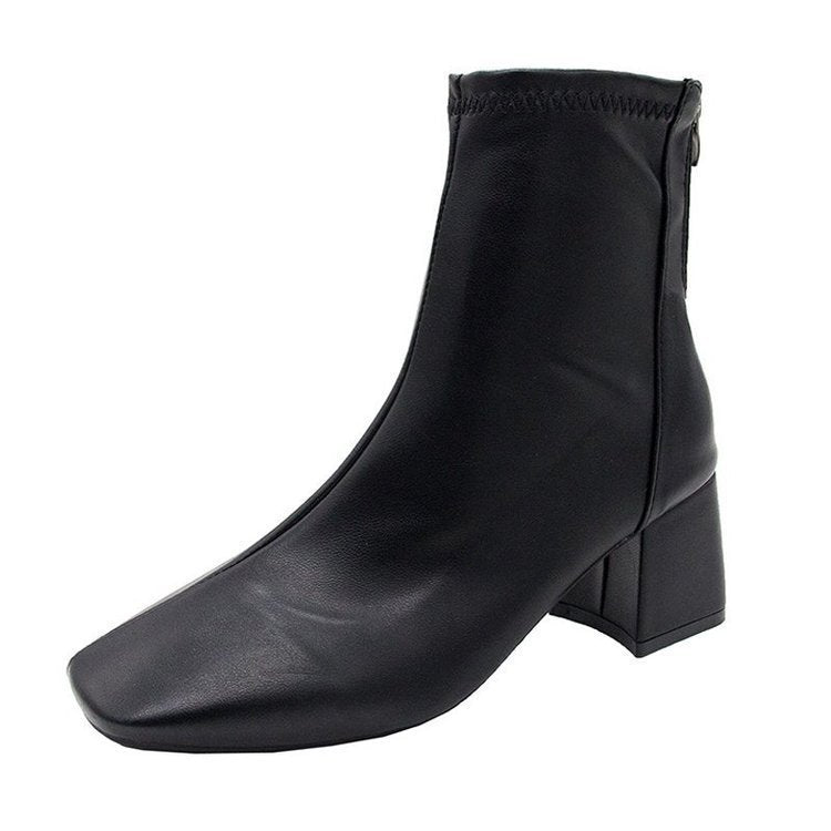 Martin boots for women 2024 new women's boots winter fashion square toe back zipper leather boots women's thick heel mid heel boots for women