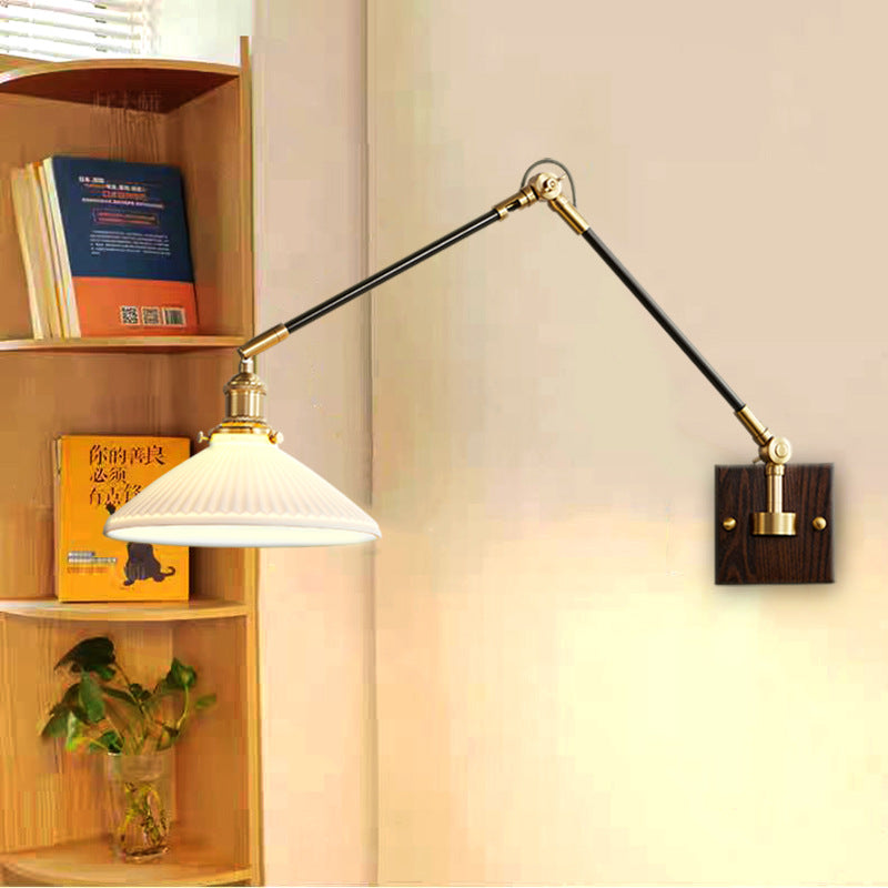 Japanese wabi-sabi style universal telescopic swing arm wall lamp - ceramic lampshade, vintage all-copper wall sconce