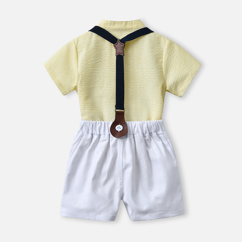 Summer boys' new export style striped bubble cotton short-sleeved shirt and overalls set, korean style children's formal wear