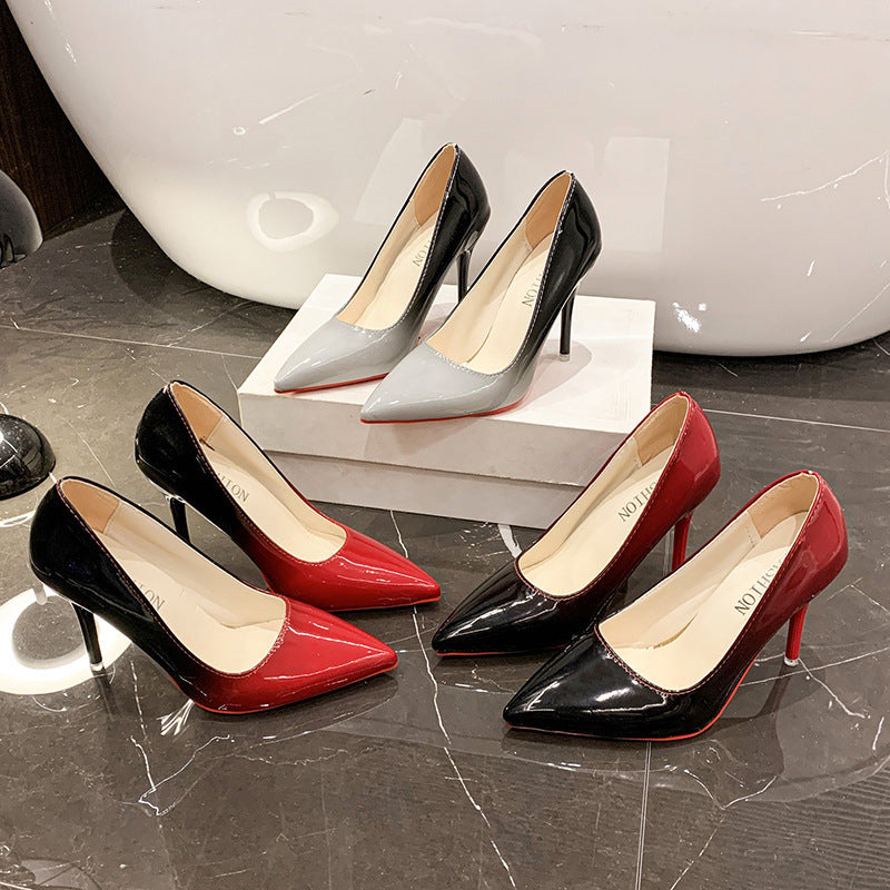 Plus size women's fashion high heels, stiletto heel 6-8cm, color block pointed toe work shoes, patent leather fashion pumps