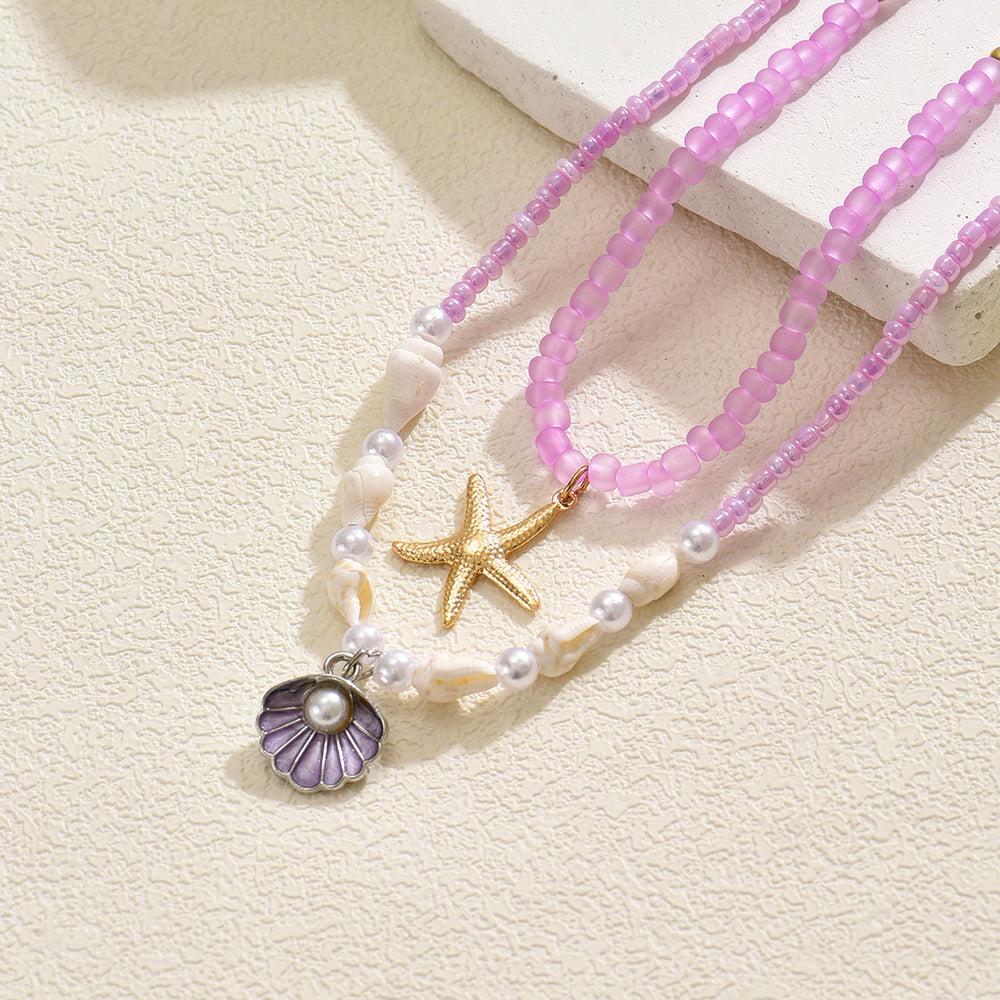 Wholesale sweater accessories necklace - european and american cross-border ins style shell alloy choker with purple seed bead layered necklace