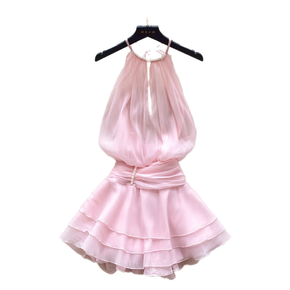 Pure desire halter beaded suspender dress goddess elegant waist ruffles chiffon skirt fairy vacation skirt