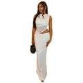 European and american style hot-selling women's clothing: sexy round neck, semi-sheer paneling, bodycon mini dress, slim-fit solid color, unique long dress