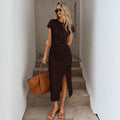 Amazon foreign trade retro modern brown short-sleeve cinched waist slit midi dress - elegant and chic for women