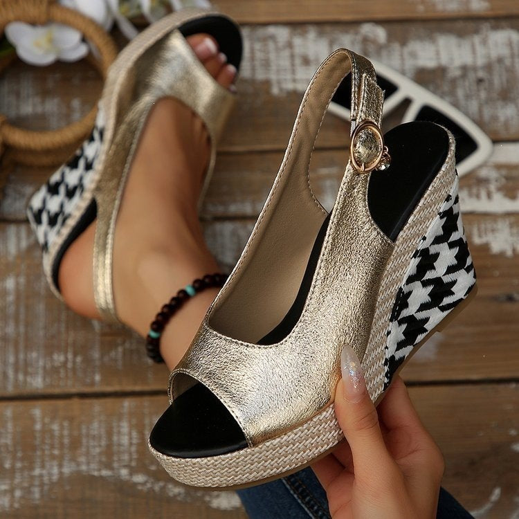 Exportnew arrival wedge woven hemp rope high heel fish mouth back hollow sandals casualwaterproof platform thick sole high heel women's shoes