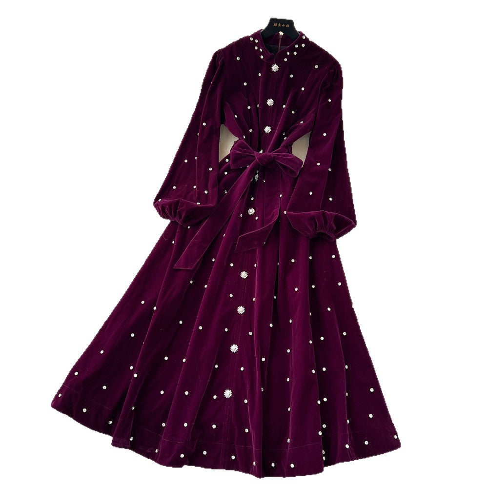 Frenchretroclassy heavy industry nail diamond stand collar lantern sleeves straps waist single breasted large swing velvet dress