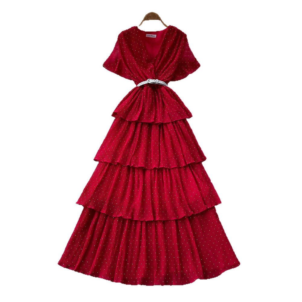 Elegant v-neck red tiered dress - women's summer high-waisted a-line maxi dress with rhinestone accents