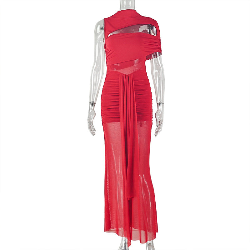 European and american style export design solid color women's elastic asymmetrical trendy bodycon dress with tie-up round neck and cutout long dress