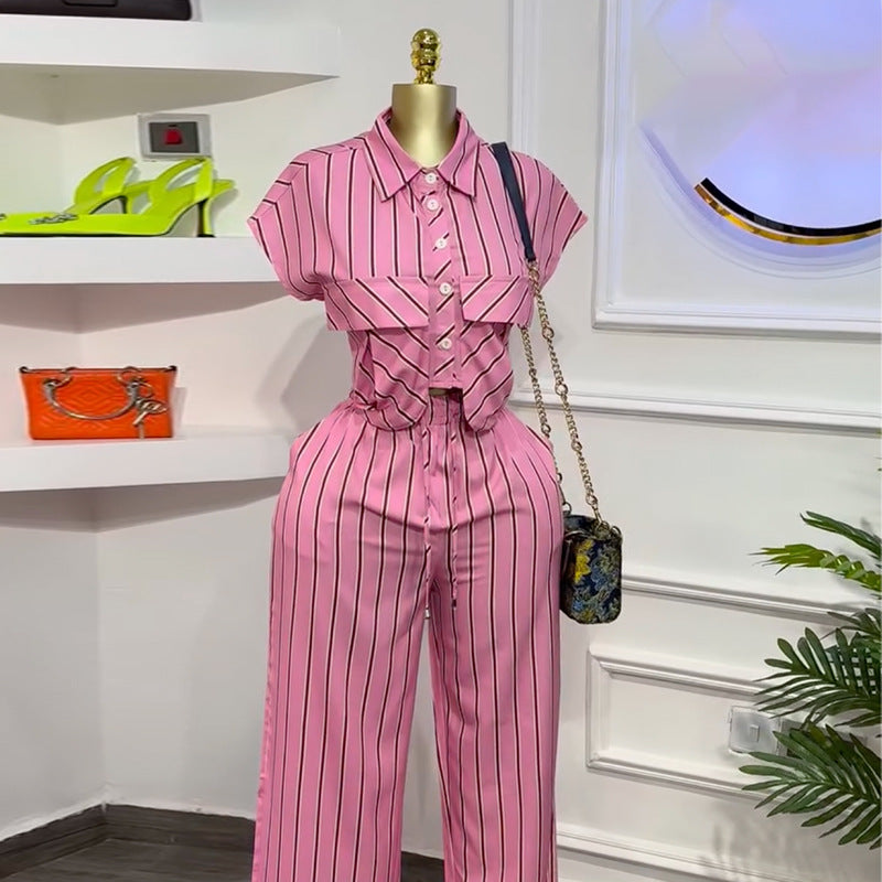 European and american cross-border women's fashion:  autumn new collection - stylish turn-down collar striped short-sleeve shirt and wide-leg pants casual set