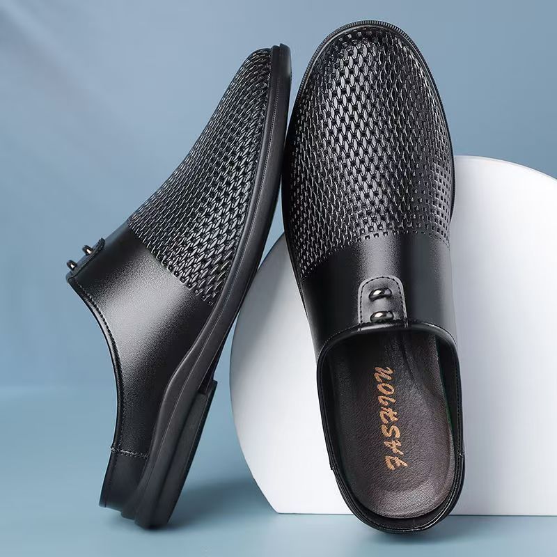 New breathable men's casual soft leather shoes - summer hollow-out slip-on loafers, backless mules for men