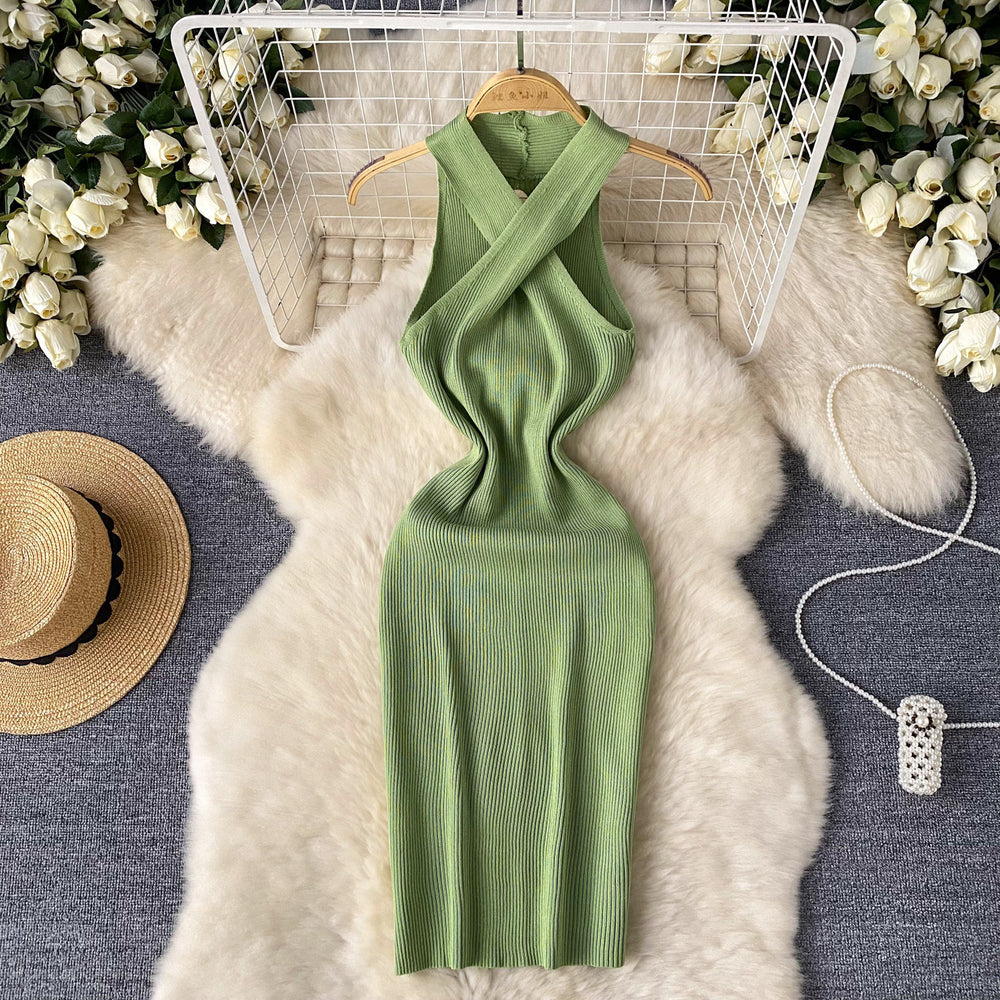 Sense of design cross halter sleeveless dress female elastic tight hip-hugging mid-length skirt summersexyknitting skirt