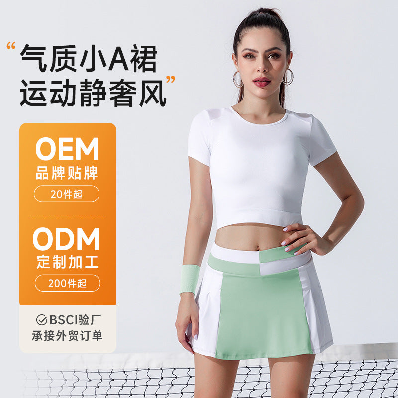 Color block breathable athletic tennis outfit set for women - oem shockproof high-elasticity top and tennis skirt two-piece set - custom yoga wear available