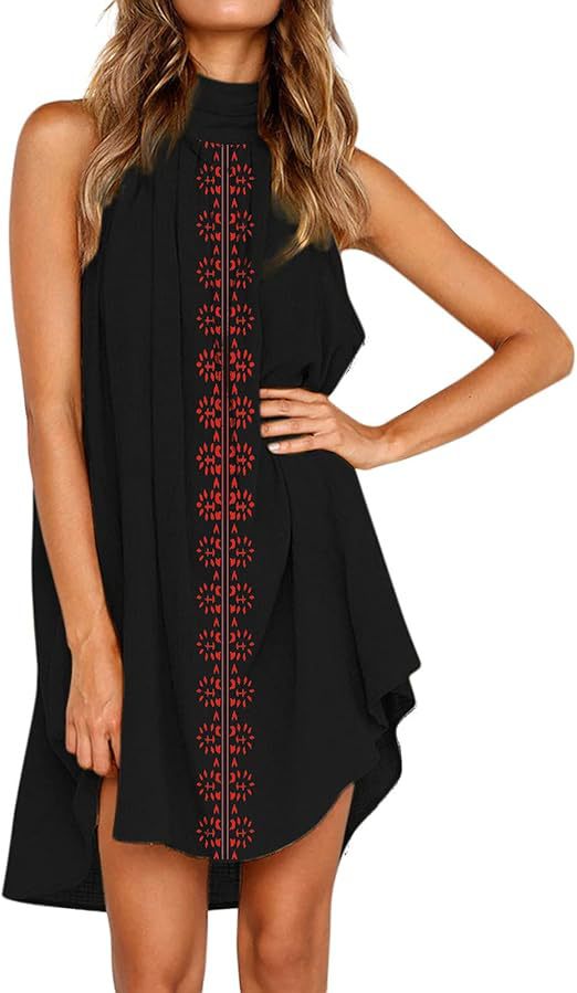 European and american cross-border women's fashion  autumn new sleeveless halter neck printed pleated asymmetrical elegant dress