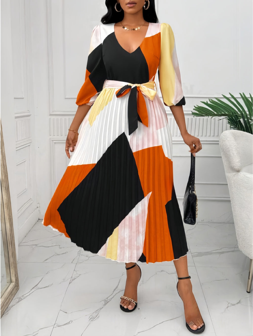 European and american style women's fashion:  autumn new arrival - three-quarter sleeve v-neck tie-up color block long pleated dress
