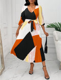 European and american style women's fashion:  autumn new arrival - three-quarter sleeve v-neck tie-up color block long pleated dress