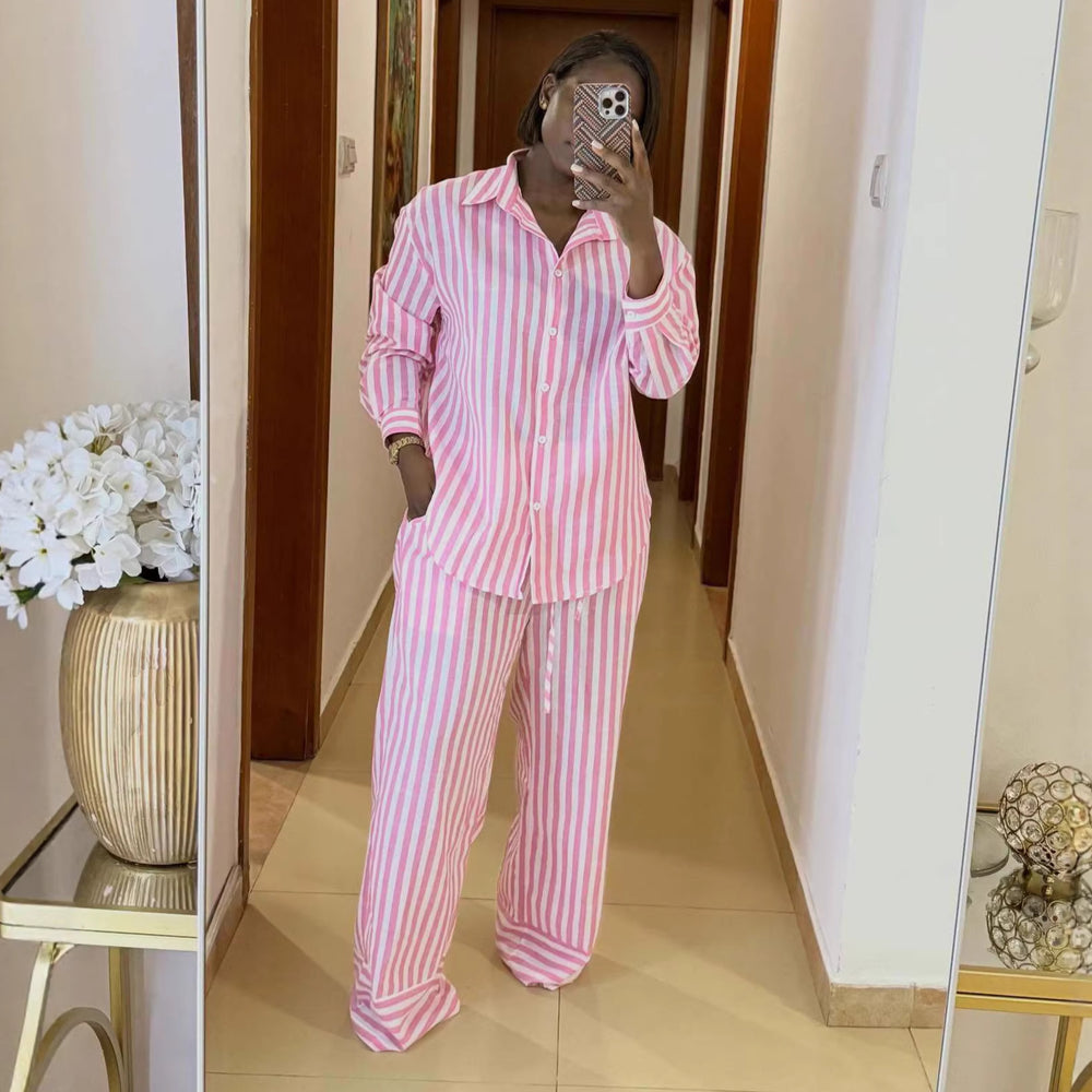European and american cross-border women's spring  new collection: sweet and fresh striped loose-fit shirt and wide-leg pants casual set