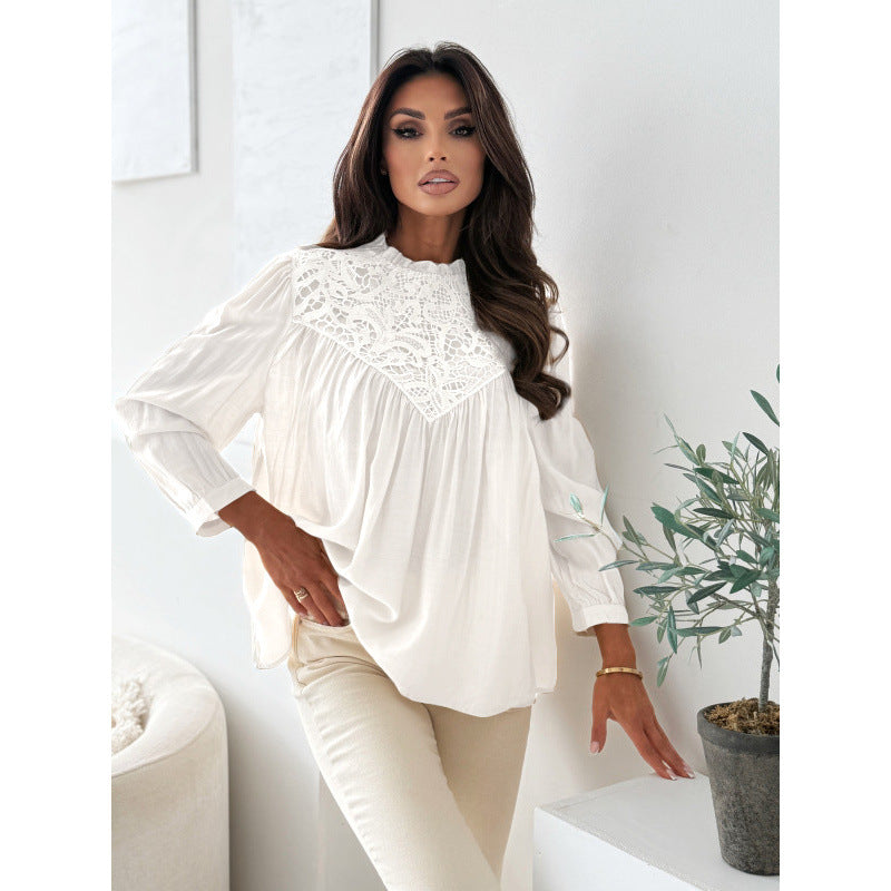 Aliexpress new arrival: round neck long sleeve ruffle collar pleated top blouse