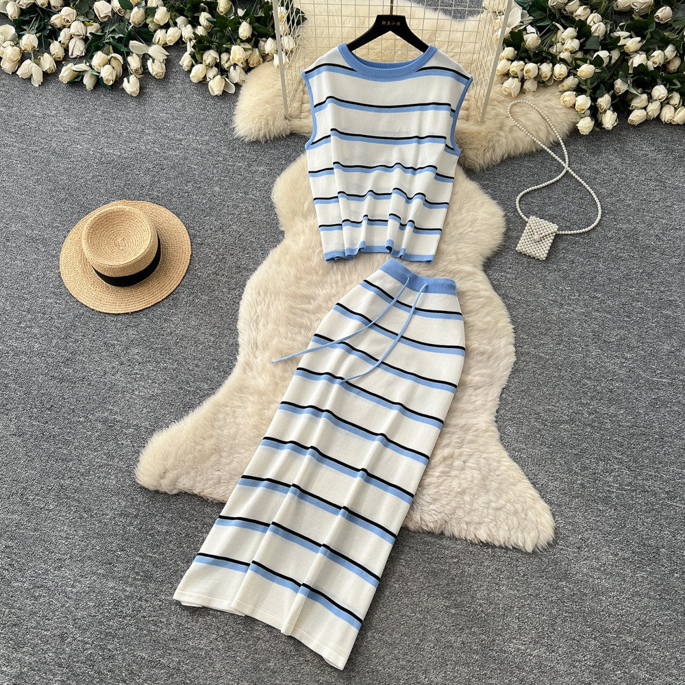 Pure desire style stripesknittingeleganttwo-piece set women's summer sleeveless vest high waist skirt work clothingelegantsuit