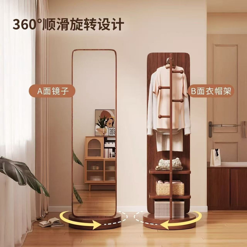 Rotating full-length mirror floor mirror for home bedroom movable try-on large mirror with coat rack all-in-one full-length mirror