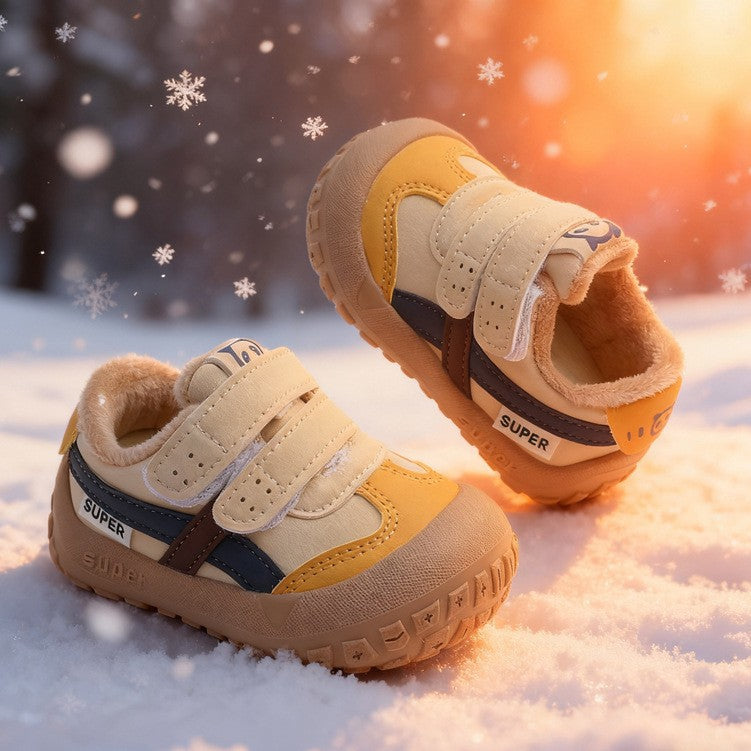 Baby boys' first walker shoes, soft sole kids' shoes, autumn/winter double-layer cotton shoes, casual toddler sneakers, anti-slip skate shoes for boys and girls
