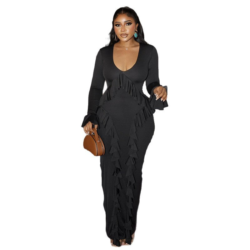 European and american women's clothing  autumn new sweet and fresh v-neck bell sleeve ruffle high-waisted slimming bodycon dress