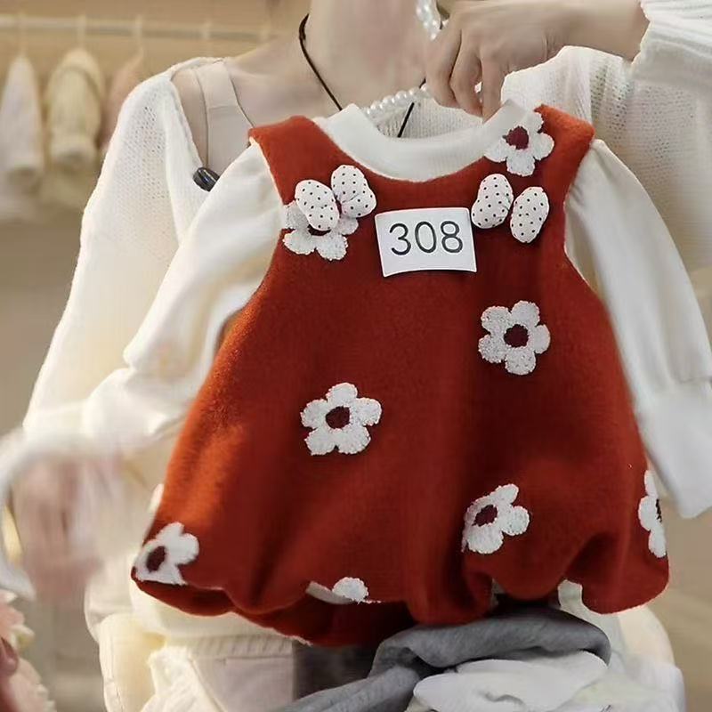 Girls' fleece-lined winter dress with floral appliqué set - new autumn/winter collection - stylish two-piece princess outfit with vest