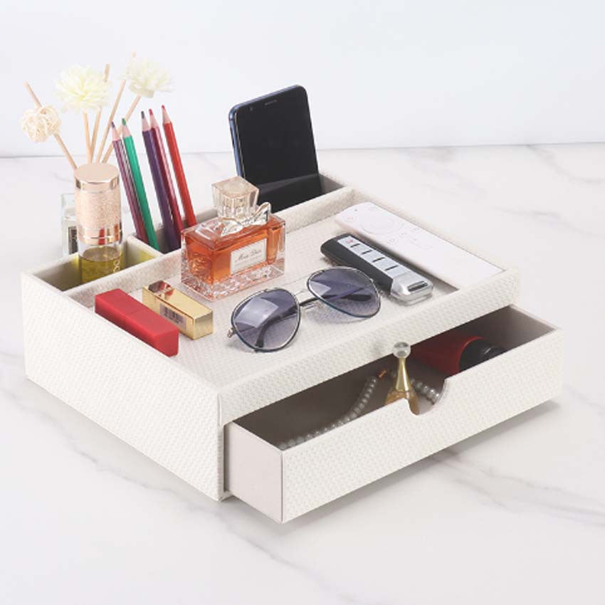 Modern women's dresser, cosmetic storage box, organizer sundries on household bedside table, leather finishing box
