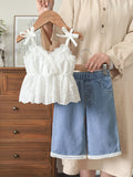 new cross-border girls' country style cotton-like embroidered top with lace trim and washed denim pants set