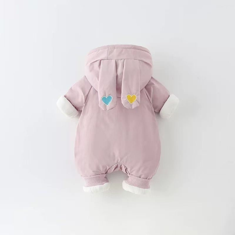 Baby girl winterfleece-lined jumpsuit winter thickenedheattech cartoon cute jacket climbing suit hooded khaki