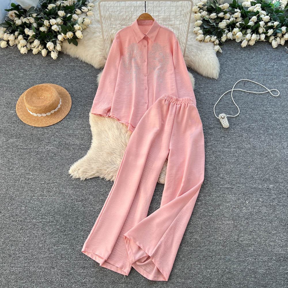 Autumn casual outfit set for women: loose-fit fashion rhinestone long-sleeve single-breasted shirt and high-waisted wide-leg pants set