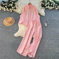 Autumn casual outfit set for women: loose-fit fashion rhinestone long-sleeve single-breasted shirt and high-waisted wide-leg pants set
