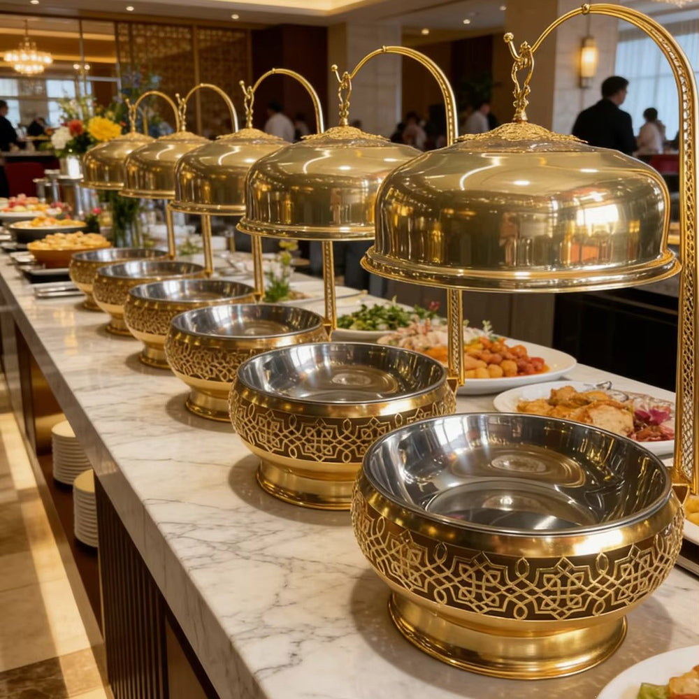 Gold stainless steel buffet warming tray - ideal for hotel, wedding banquet, and catering. ready to ship