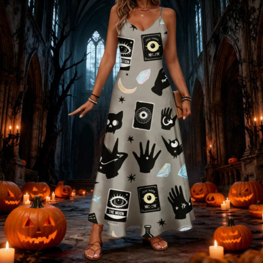 halloween pattern printing longdressv neckloose vacation suspender skirt