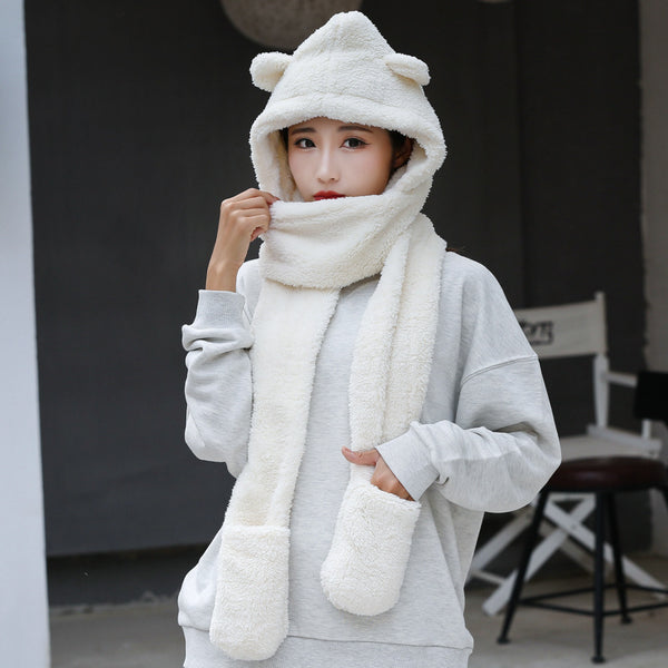 Hat, scarf, gloves integrated winter fleece cute warm plush hat thickened ear protection neck protection cycling neck protection