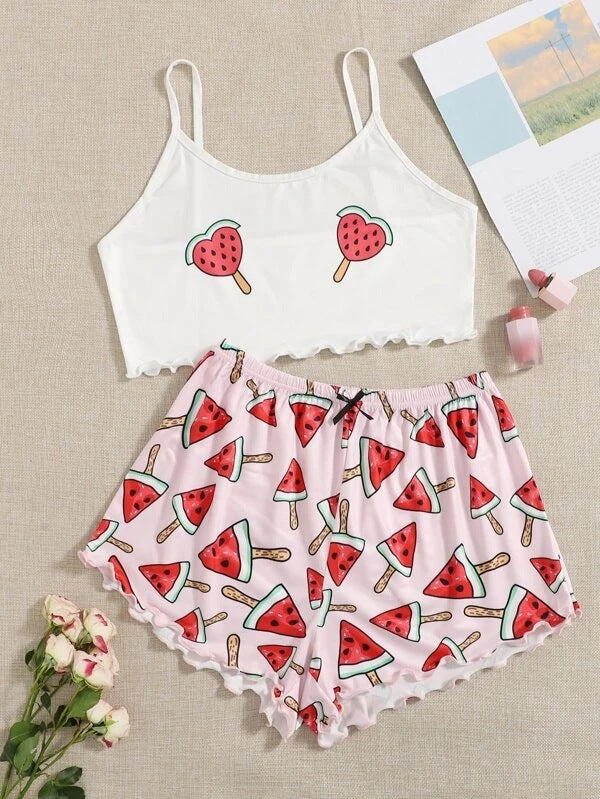 exclusive knitted tank top and camisole set with various pattern prints, comfortable and lightweight women's loungewear pajama set with shorts