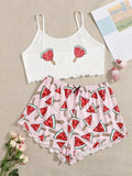 exclusive knitted tank top and camisole set with various pattern prints, comfortable and lightweight women's loungewear pajama set with shorts