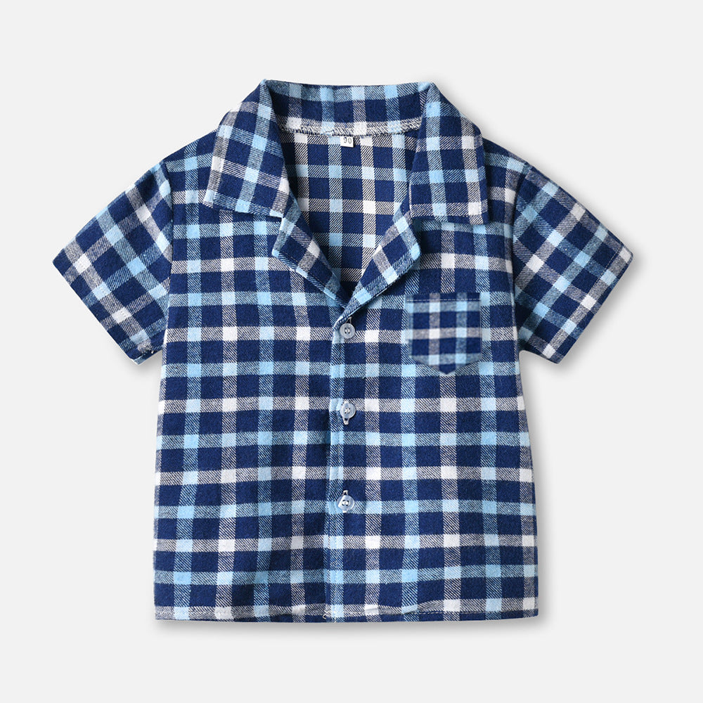 Boys' spring/autumn lightweight cotton short-sleeve cardigan plaid pajama set - kids' loungewear