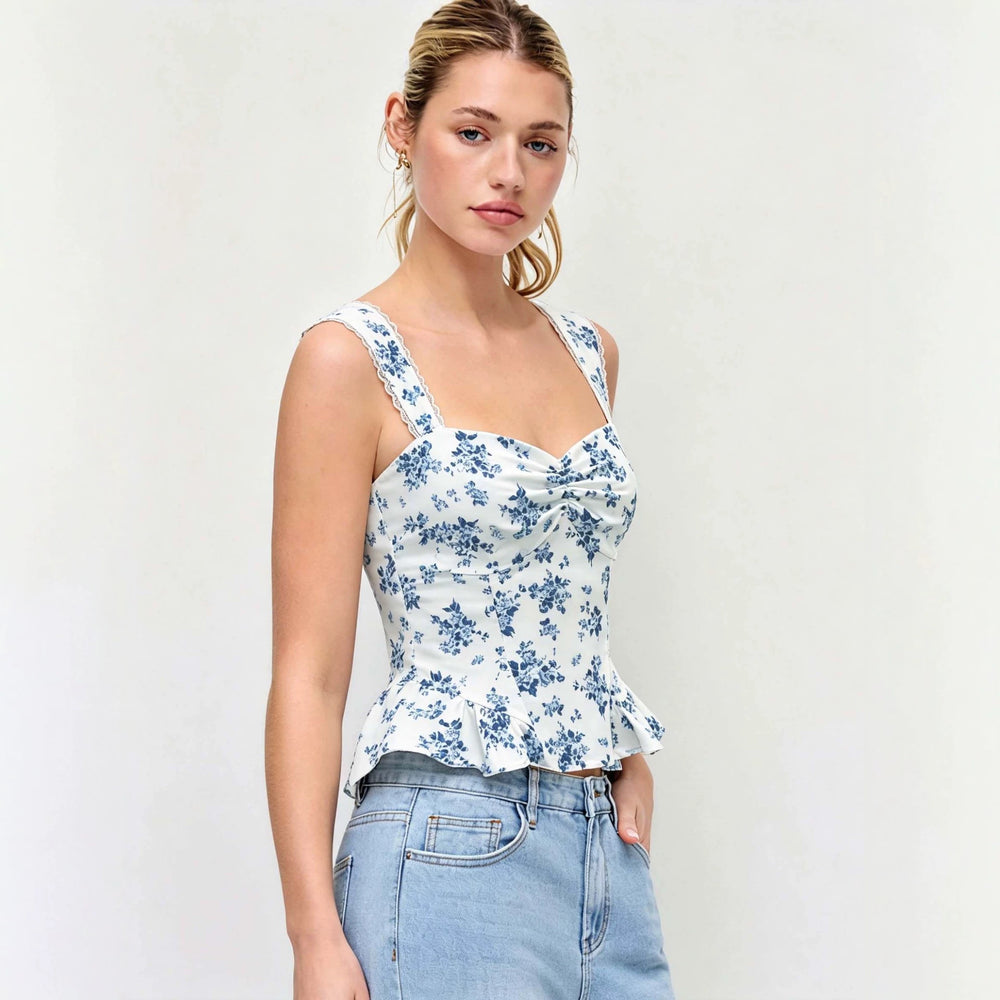 summer new arrival: white floral print cami top with lace trim, open back, and ruffle detail – perfect for vacation, date night, or a spicy summer look