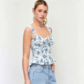 summer new arrival: white floral print cami top with lace trim, open back, and ruffle detail – perfect for vacation, date night, or a spicy summer look