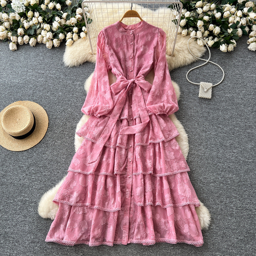 French chic lace patchwork tie-waist ruffle hem dress - women's autumn slimming elegant maxi dress