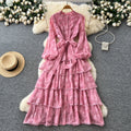 French chic lace patchwork tie-waist ruffle hem dress - women's autumn slimming elegant maxi dress