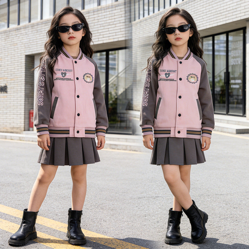 Girls' spring outfit : spring/autumn baseball jacket for girls, middle-to-large children's outerwear, preppy style, new trendy children's fashion, popular online