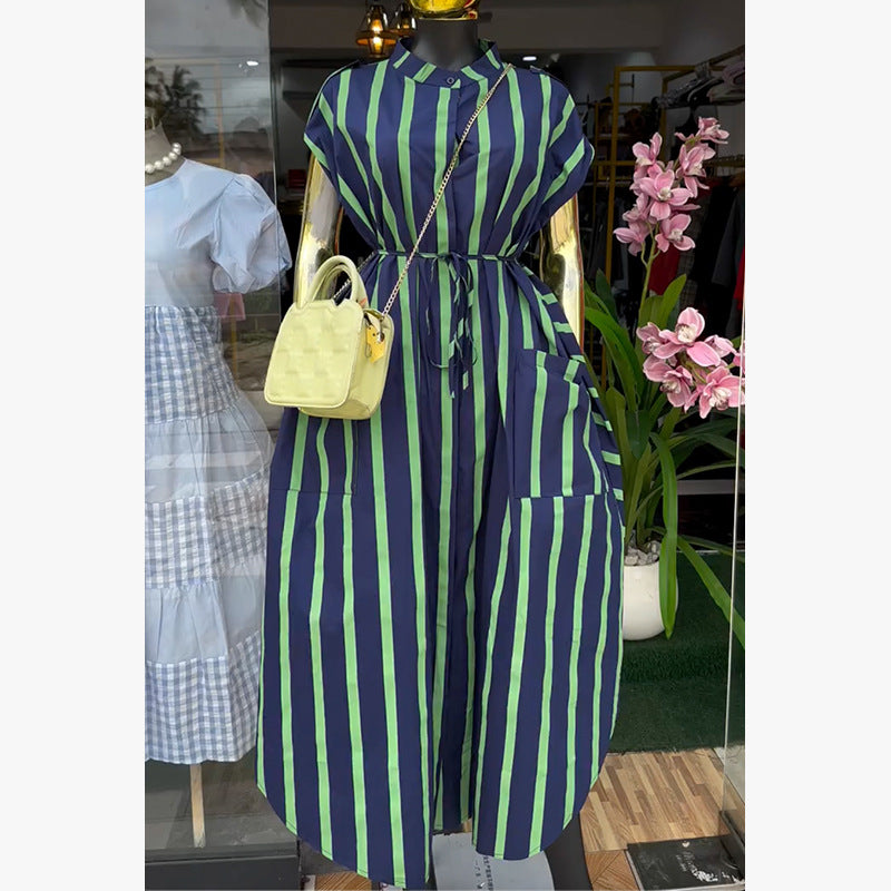 European and american cross-border women's fashion:  spring new arrival - stylish and elegant striped tie-waist pocket short-sleeve midi dress