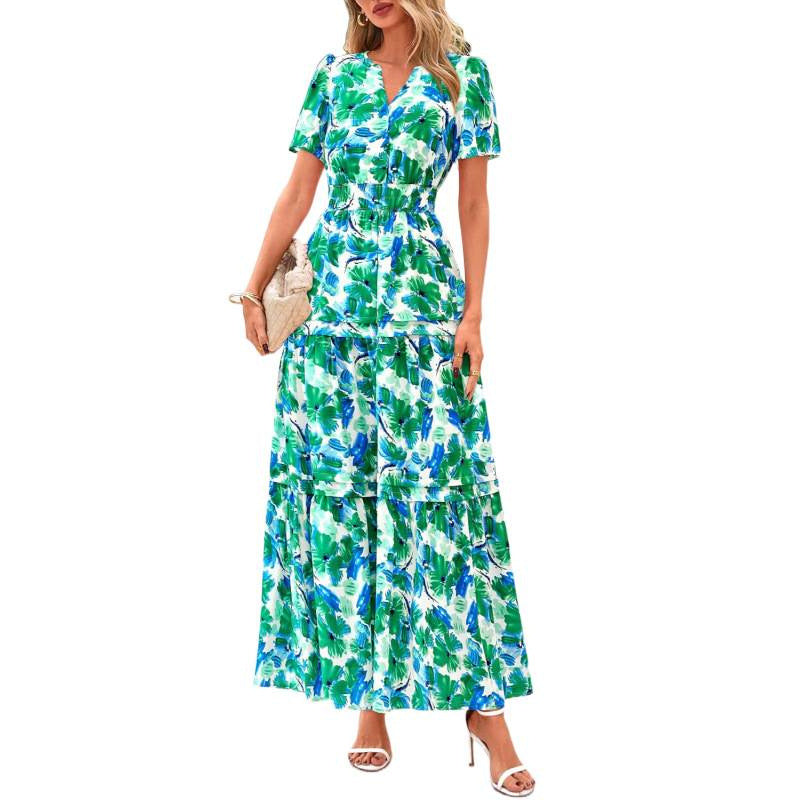 european and american retro floral short-sleeve v-neck dress - women's  summer new arrival a-line flowy vacation dress