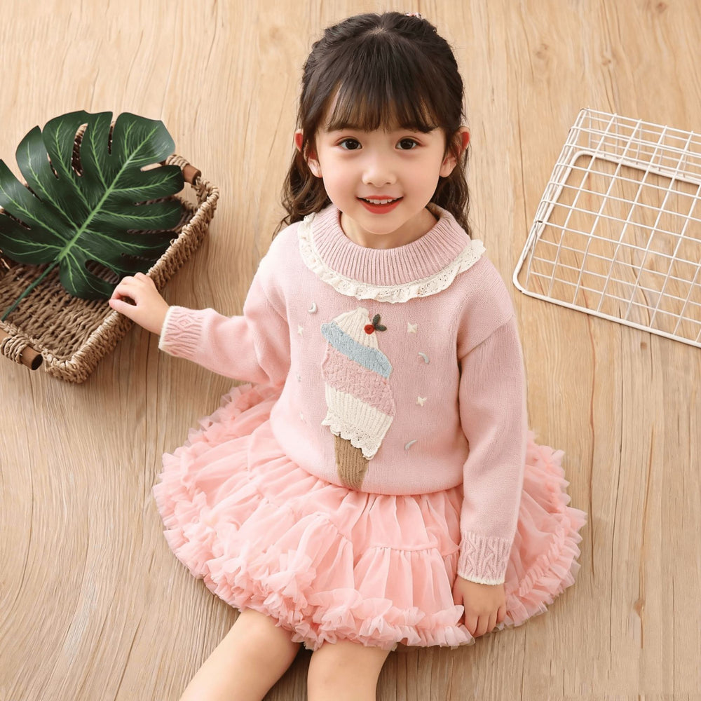 Girls' knit sweater set - new autumn/winter  collection: chic baby pullover with lace collar, long-sleeved base layer knitwear