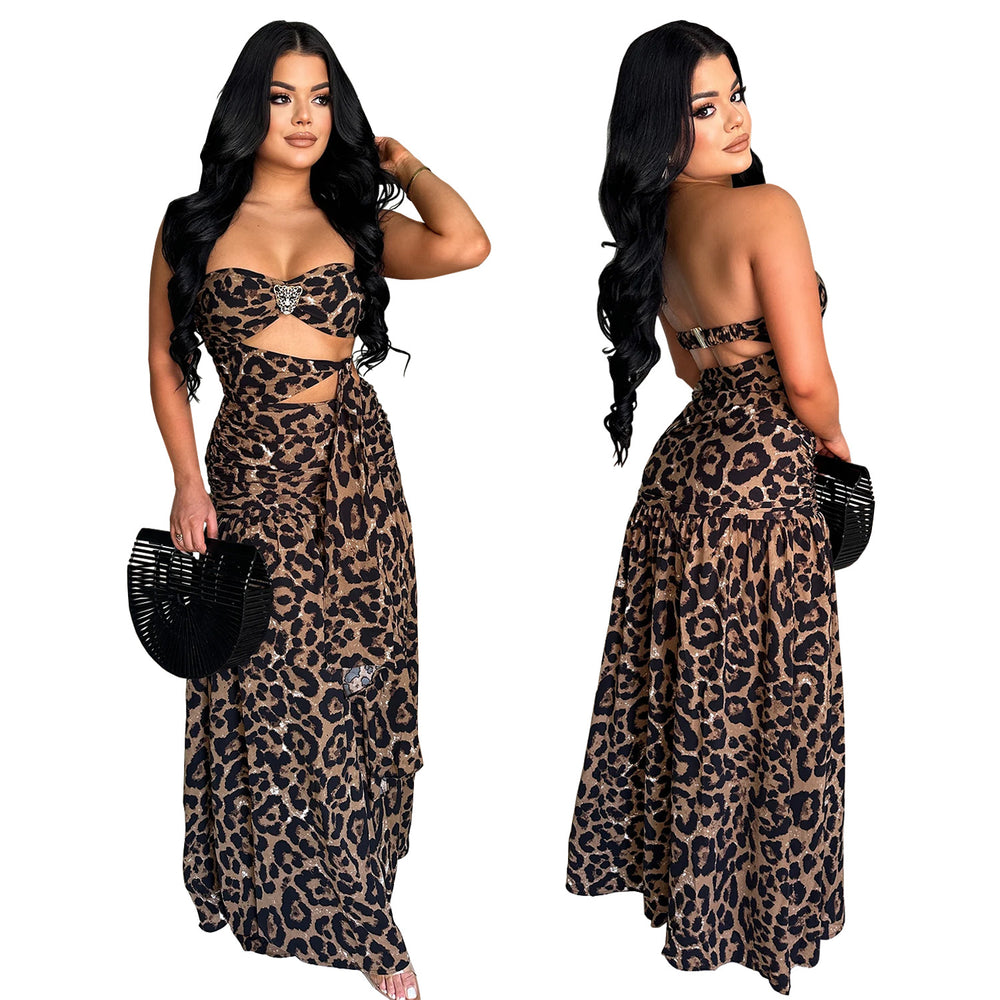 C7501 cross-border   fashion women's sexy leopard print bandeau backless dress
