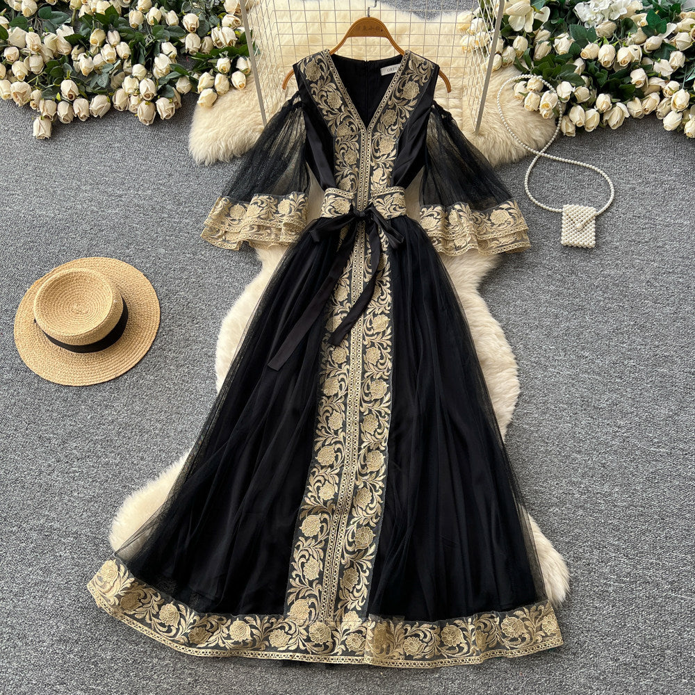 High-end elegant green embroidered a-line off-the-shoulder dress - women's mesh wide sleeve cinched waist tie-up maxi dress - perfect for work or special occasions