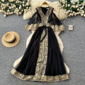 High-end elegant green embroidered a-line off-the-shoulder dress - women's mesh wide sleeve cinched waist tie-up maxi dress - perfect for work or special occasions