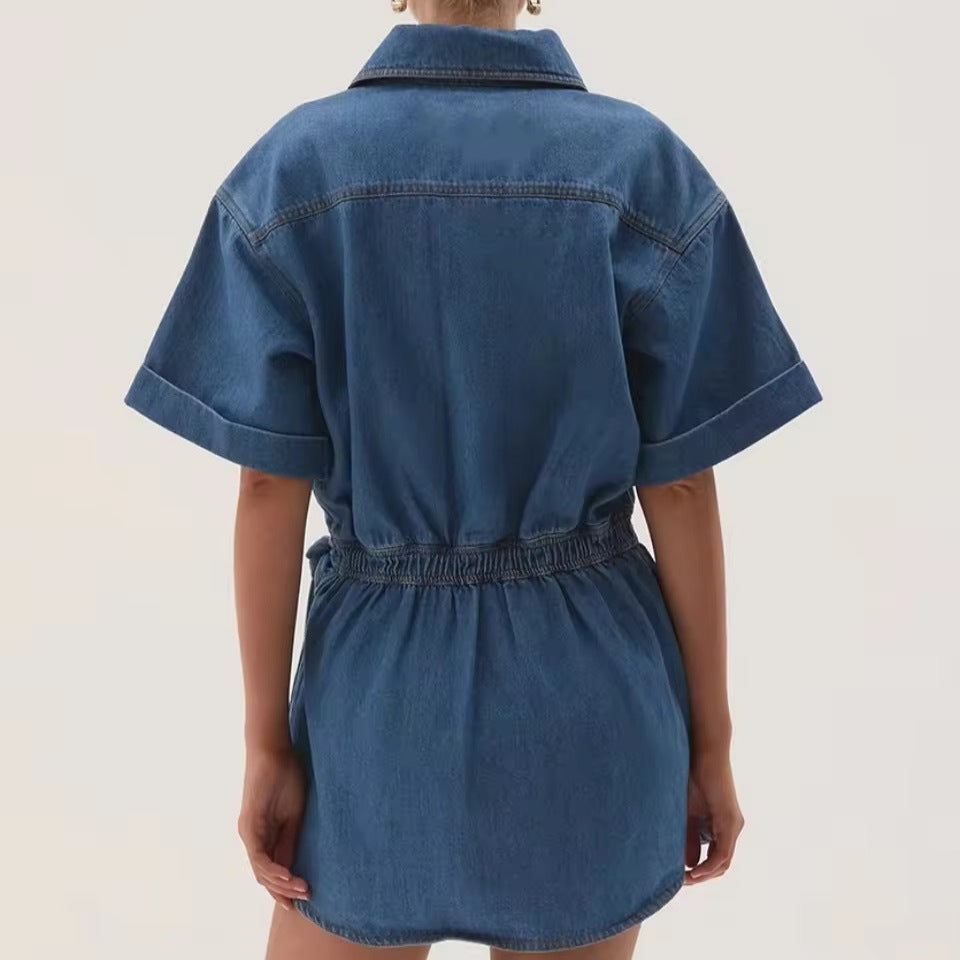 fashionretro short-sleeved denim dresssummerelegant waist dressfashioneasiest for match